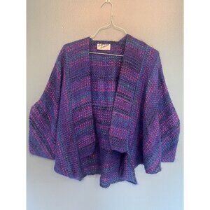 Jeanne Scannell Vtg Designer Weaver 1980s purple Blue batwing shrug sweater